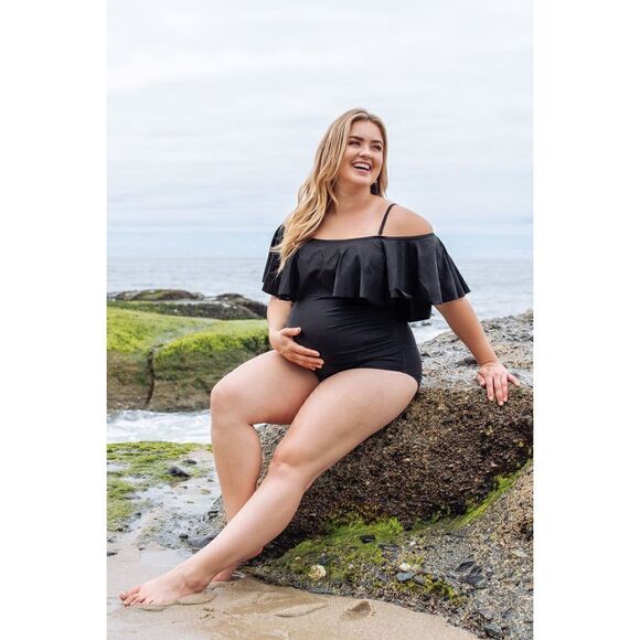 Pinkblush maternity black ruffle one-piece swimsuit, S - Picture 9 of 9